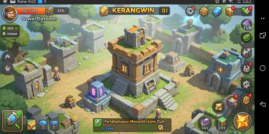 Tangkapan layar gameplay KERANGWIN menampilkan pertahanan menantang di Tower Defense.