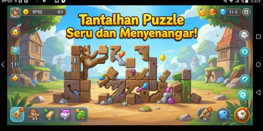 Gameplay seru dan menantang dalam RP55 dengan berbagai puzzle.