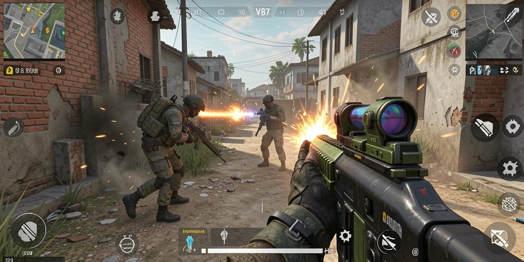 Tampilan gameplay V87 dengan aksi FPS yang mendebarkan.